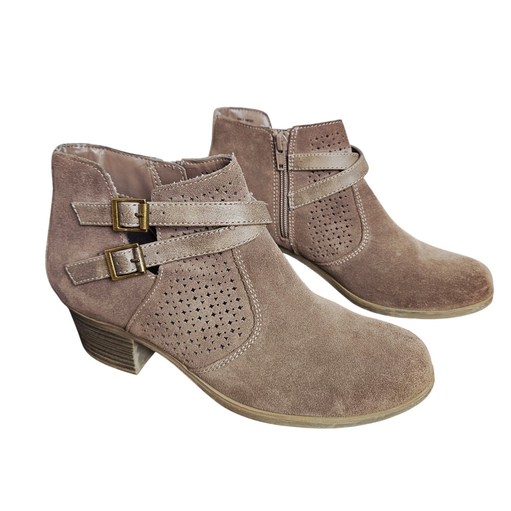 Sonoma Womens Taupe Suede Perforated Double Buckle Ankle Boots 7.5 Boho‎ Casual